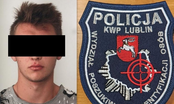 Kolaż dwóch zdjęć przedstawia zatrzymanego i naszywkę z logiem Wydziału Poszukiwań i Identyfikacji Osób KMP w Lublinie
