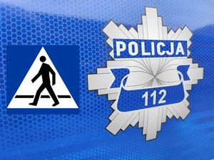 Zdjęcie przedstawia gwiazdę policyjną z napisem POLICJA oraz numerem alarmowym 112 obok niej znajduje się znak drogowy oznaczający przejście dla pieszych