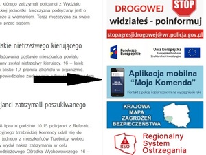 Strona internetowa Komendy Powiatowej Policji w Trzebnicy, gdzie po prawej stronie znajduje się baner aplikacji Moja Komenda, który to jest wskazany czarną strzałką znajdującą się po jego prawej stronie.