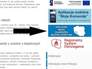 Na zdjęciu znajduje się wycinek strony internetowej Komendy Powiatowej Policji w Trzebnicy. Strzałka wskazuje nam baner z napisem Krajowa Mapa Zagrożeń Bezpieczeństwa