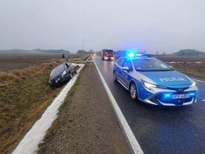 Auto leży w rowie, po prawej stronie na ulicy radiowóz oznakowany z włączonymi światłami błyskowymi, a w tyle zastęp straży pożarnej.