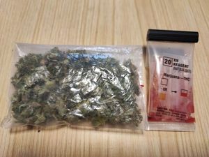 Susz koloru zielonego w woreczku oraz tester zabarwiony na kolor czerwony potwierdzający że jest to marihuana