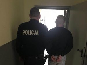 Policjant w mundurze stoi wraz z zatrzymanym tyłem do zdjęcia. Zatrzymany mężczyzna na rękach trzymanych z tyłu ma założone kajdanki. Policjant ubrany w mundur, na plecach jest napis Policja.