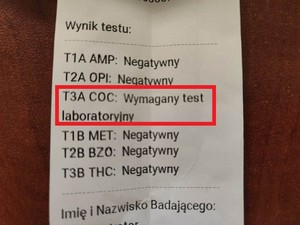 Wynik testu na obecność środków odurzających. W czerwonej ramce znajduje się napis T3A COC: wymagany test laboratoryjny