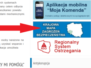 Strzałką wskazany jest baner Krajowej Mapy Zagrożeń Bezpieczeństwa na stronie internetowej Komendy Powiatowej Policji w Trzebnicy