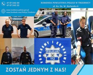 Plakat zachęcający do wstąpienia w szeregi policji. Na plakacie znajdują się policjanci różnych pionów.