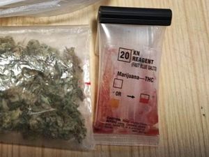 W woreczku foliowym znajduje się susz roślinny, obok test zabarwiony na kolor czerwony, który wskazuje, że jest to marihuana.