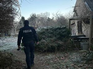 Policjant w mundurze służbowym idzie skontrolować altankę na ogródkach działkowych