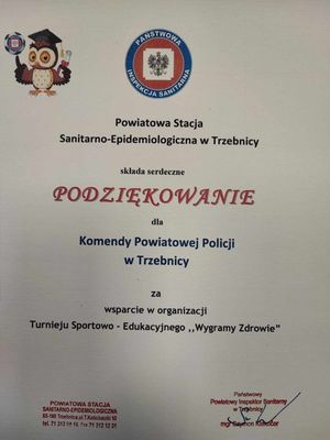 Podziękowania dla Komendy Powiatowej Policji w Trzebnicy za udział w turnieju